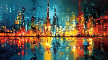 Fototapeta premium Abstract cityscape reflecting in water with vibrant colors