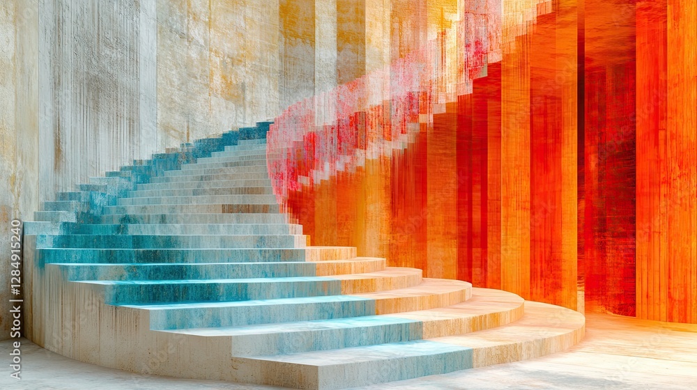 Poster an architectural design of a spiral staircase with colorful gradients