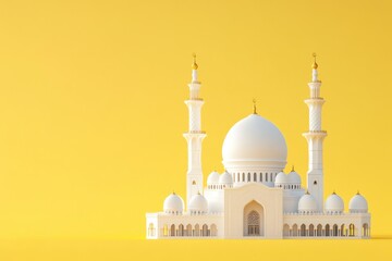 A white mosque with two towers on a yellow background