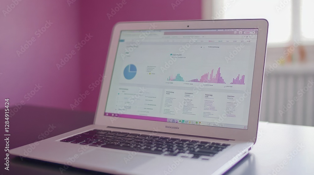 Poster laptop displaying interactive charts and graphs for business data analysis on a modern office desk