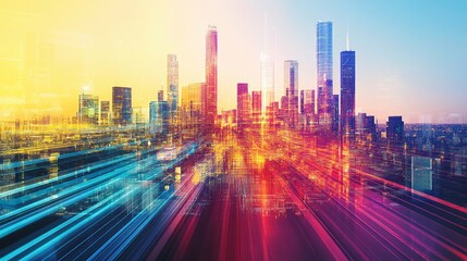 Vibrant city skyline with streaks of colorful light trails