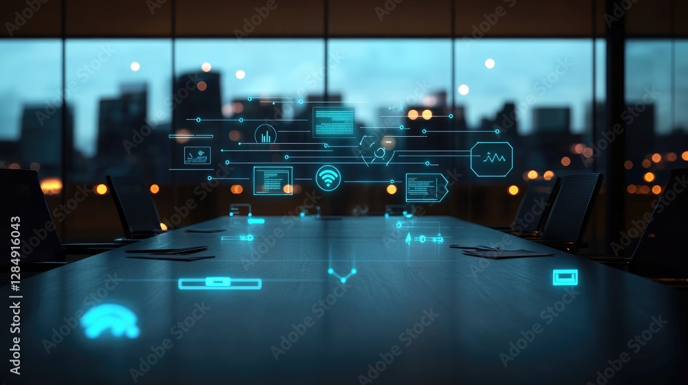 Poster meeting concept with digital connections and floating data icons over a boardroom table