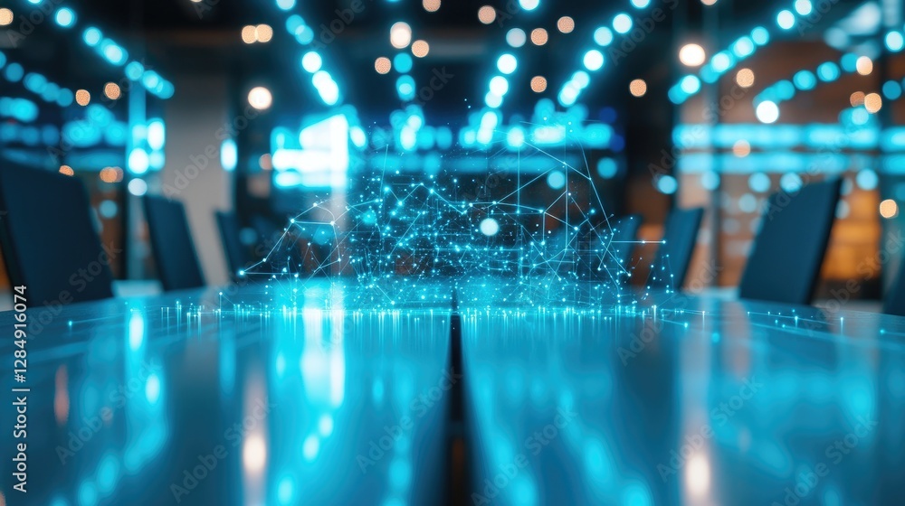 Aufkleber meeting concept with digital connections and floating data icons over a boardroom table
