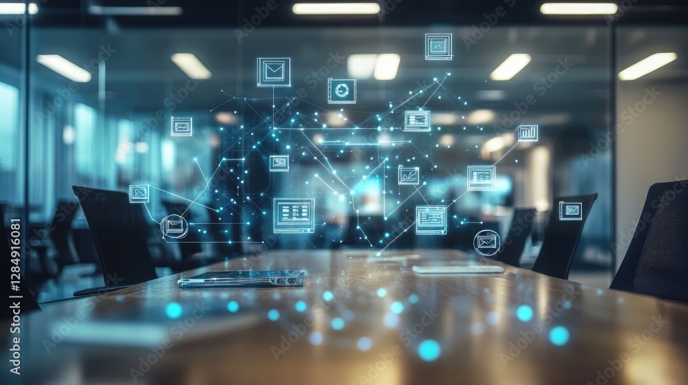 Poster meeting concept with digital connections and floating data icons over a boardroom table