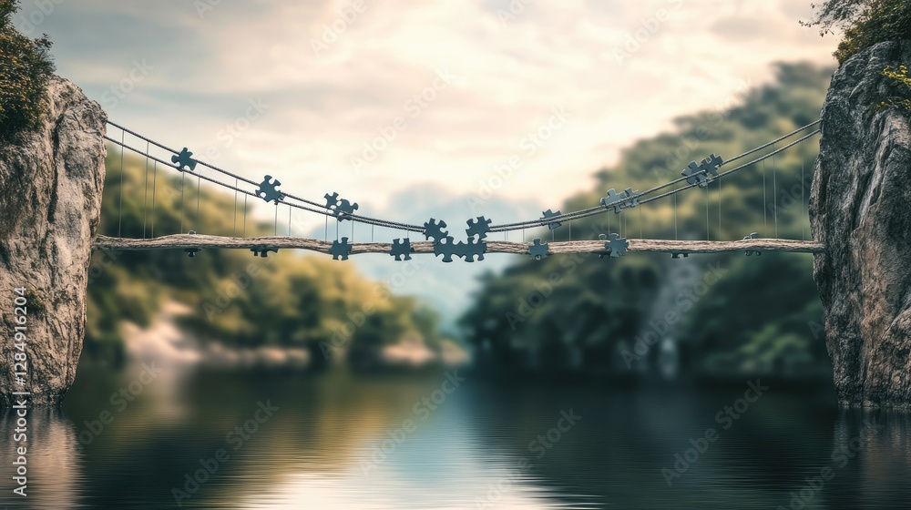 Poster Metaphorical teamwork concept with a bridge built from multiple puzzle pieces, connecting two points