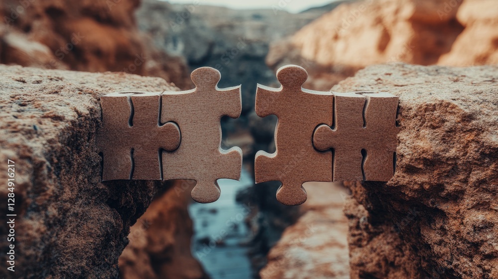 Poster Metaphorical teamwork concept with a bridge built from multiple puzzle pieces, connecting two points