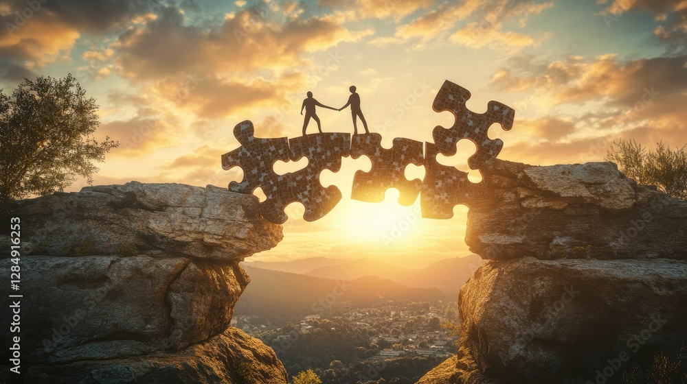 Poster metaphorical teamwork concept with a bridge built from multiple puzzle pieces, connecting two points