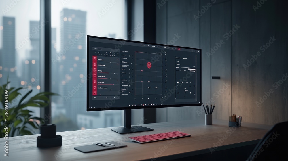 Poster minimalist corporate workspace with a sleek monitor displaying a project schedule and key deadlines