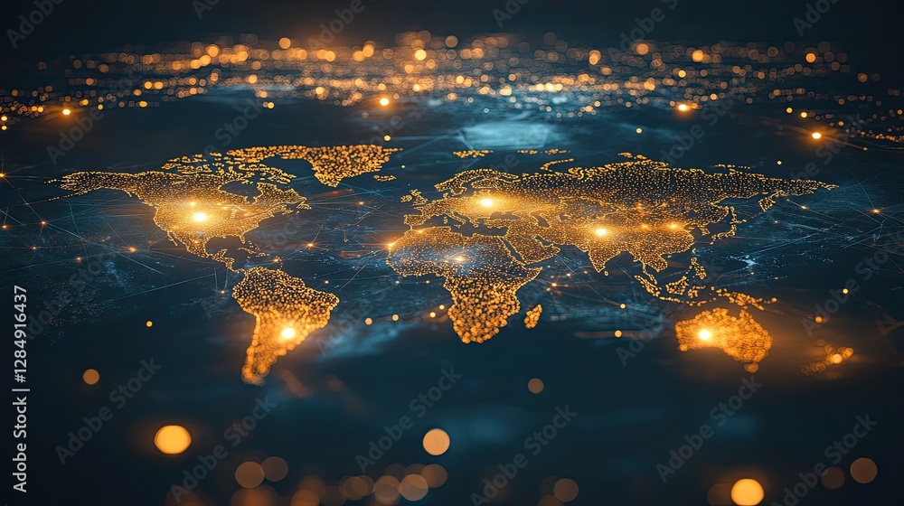 Poster 3d holographic display of a world map with glowing connections, symbolizing global connectivity.