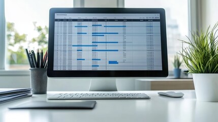 Minimalist corporate workspace with a sleek monitor displaying a project schedule and key deadlines