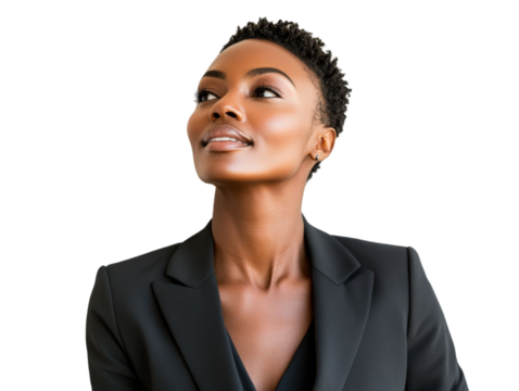 Portrait of a confident woman looking upwards wearing a blazer against a transparent background