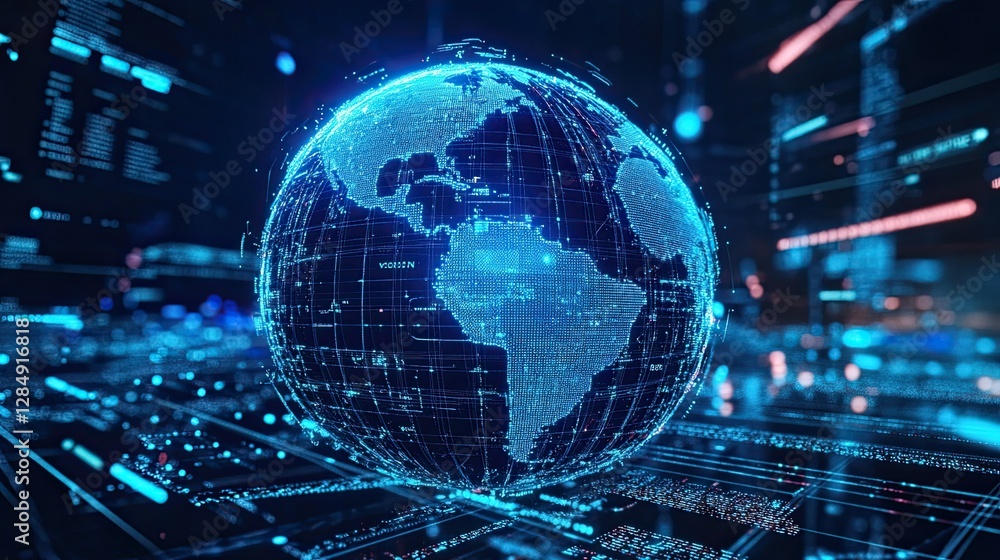 Poster 3d holographic globe with floating data points and digital grids for a futuristic look.