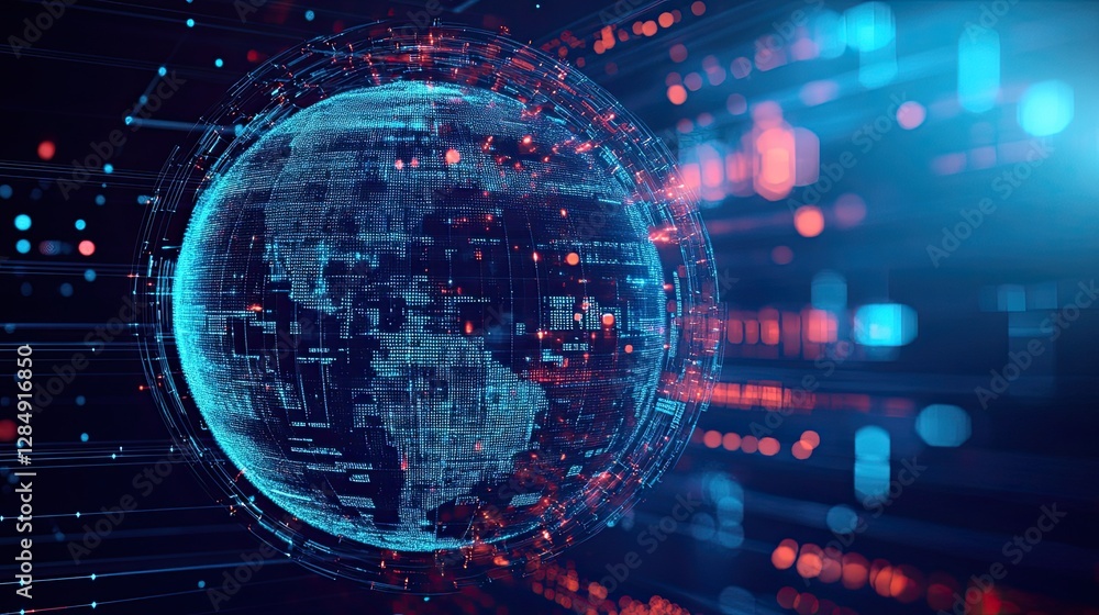 Poster 3d holographic globe with floating data points and digital grids for a futuristic look.