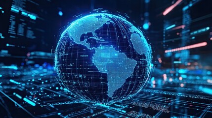 3D holographic globe with floating data points and digital grids for a futuristic look.