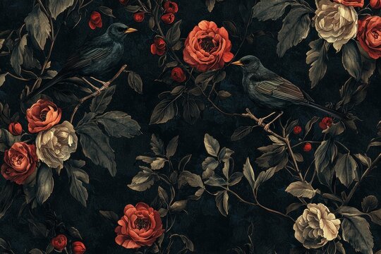 Fototapeta Dark floral pattern with birds, featuring roses and leaves in rich colors, suitable for wallpapers and textiles, emphasizing nature and elegance