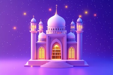 Obraz premium A Lovely Cartoon Mosque Stands Against A Starry Night Sky