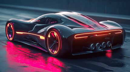 3D model of a futuristic car with sleek lines and glowing accents, symbolizing innovation. 