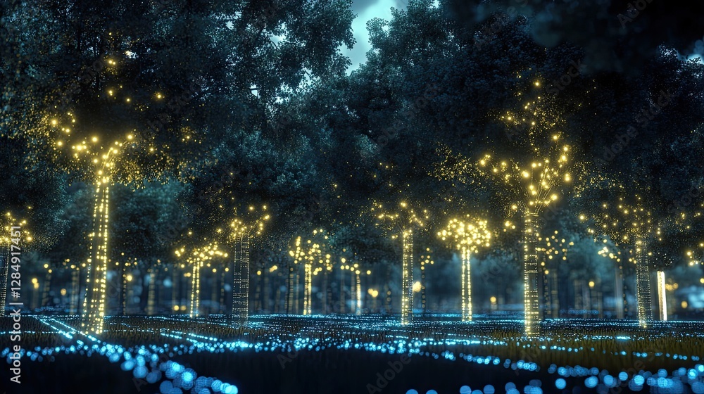 Poster 3d render of a digital forest with glowing trees and interconnecting technology.
