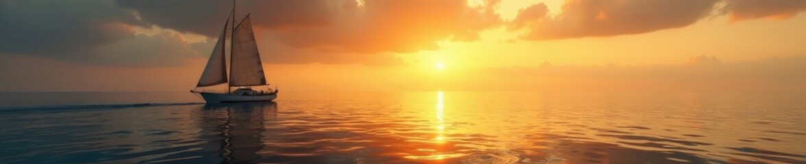 Fototapeta premium Silent vessel drifting across the Baltic Sea's golden hues, horizon, sailing