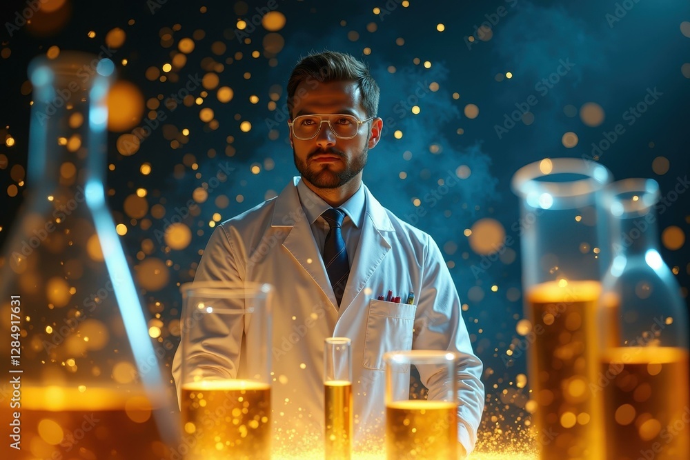 Poster man is wearing lab coat and glasses standing in front of table with lot of bottles