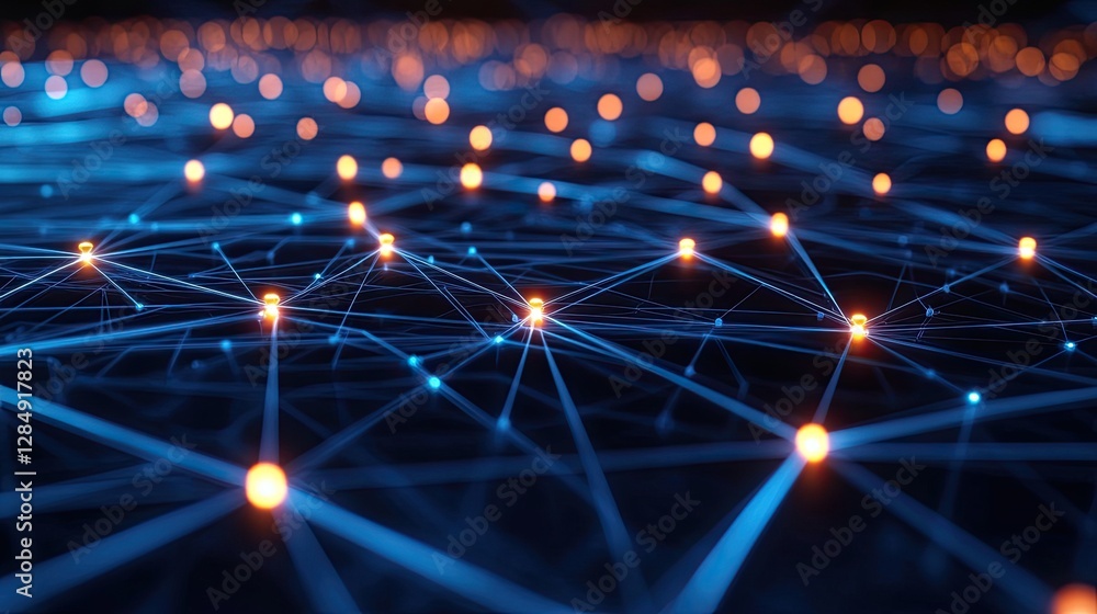 Poster 3d render of an interconnected digital network with glowing data points, symbolizing connectivity.