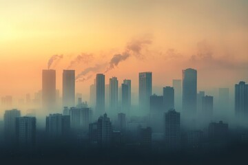 Naklejka premium Misty Metropolis Sunrise Skyline Composition, Urban Fog, Smog, Cityscape, Orange Hues Cityscape, Pollution