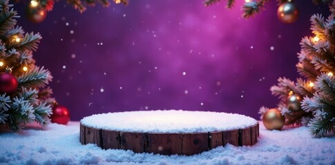 Snow-covered wooden pedestal with a festive backdrop, garlands, purple