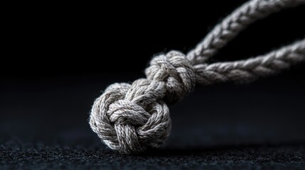 Fototapeta premium Close-up of a knot in light gray rope against black background. Potential use Stock photo for crafts, DIY, or nautical themes