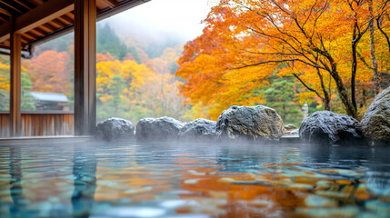 Serene Japanese onsen resort in autumn, surrounded by nature and mountains, symbolizing tranquility, relaxation, and harmony with nature, offering peaceful retreat for rejuvenation and mindfulness.

