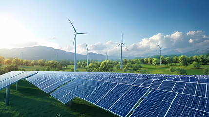 Solar panels and wind turbines harnessing renewable energy in an eco-friendly and innovative way, ai generated, ai generated. Solar-Powered Windmills. Illustration