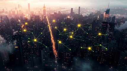 Fototapeta premium Futuristic Cityscape Network Technology Global Communication AI
