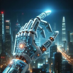 A futuristic cityscape with advanced AI technology, showcasing robots and smart devices integrated into daily life.