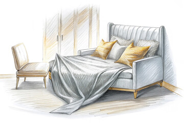Grey upholstered daybed, bedroom sketch, sunlight, chair, interior design