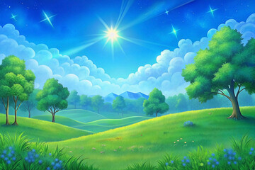Obraz premium Sunlit meadow, starry night sky, rolling hills, game background