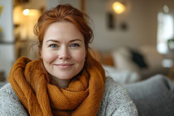 portrait of young overweight woman sitting on sofa at home in the living room. happy fat woman relaxing at home