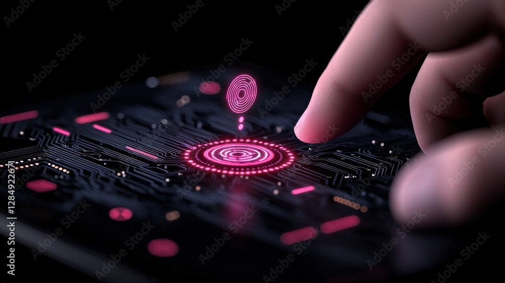 Poster futuristic fingerprint scan digital biometric security on high tech circuit board