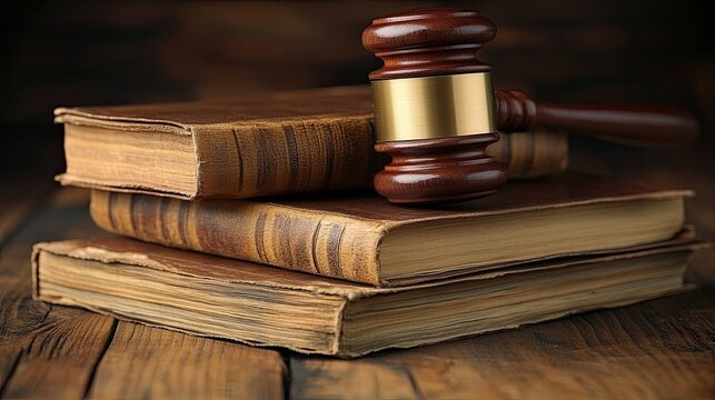 Wooden Gavel Resting on Stack of Law Books on Wooden Table