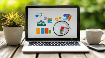 Fototapeta premium SEO optimization workspace with content marketing strategy guides, backlink analysis, and ranking insights