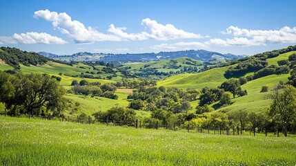 Obraz premium A fresh green landscape with hills and trees under a bright blue sky, symbolizing nature, tranquility, and outdoor adventure, perfect for eco-friendly themes. 