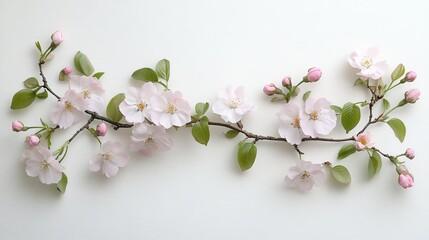 A delicate arrangement of pink cherry blossom branches with leaves and buds.
