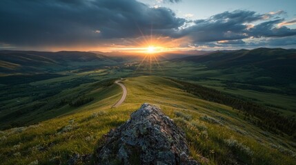 Majestic Sunset Mountain Road Panorama  Scenic Vista  Winding Highway  Green Hills  Golden