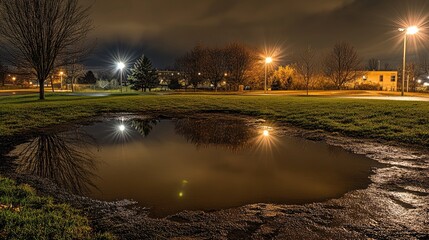 Rainy night scene with streetlights reflecting in puddles, creating a dreamy atmosphere