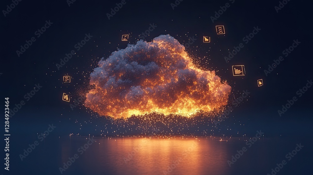 Poster a minimalistic cloud with glowing particles and floating data symbols, representing cloud computing.