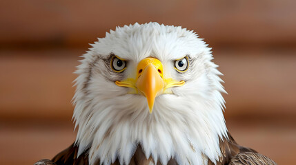 Fototapeta premium Bald eagle portrait, intense gaze, wooden background, wildlife