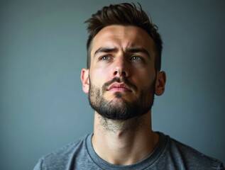 Fototapeta premium Pensive young man contemplating on a grey background