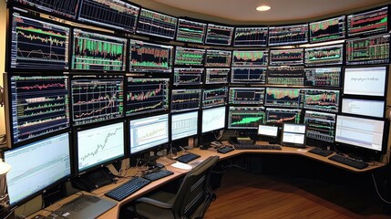 Obraz premium Stock market trading room with multiple monitors displaying live share prices, financial indicators, and investment insights