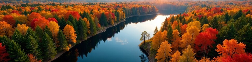 Naklejka premium Stunning aerial shot of vibrant fall foliage in Ontario's Algonquin Park, aerial view, North America