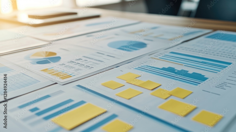 Poster strategic decision-making workspace with printed reports, sticky notes, and data-driven analysis too