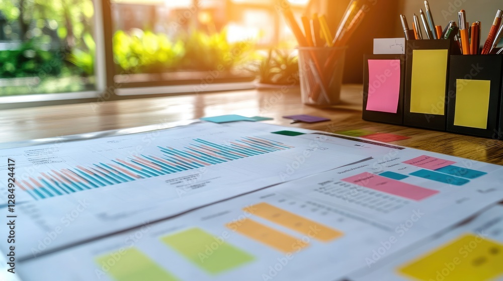 Poster strategic decision-making workspace with printed reports, sticky notes, and data-driven analysis too
