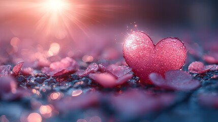 Heart-shaped object surrounded by petals, sunrise background; romantic image; love concept; use as Valentine's Day card or social media post